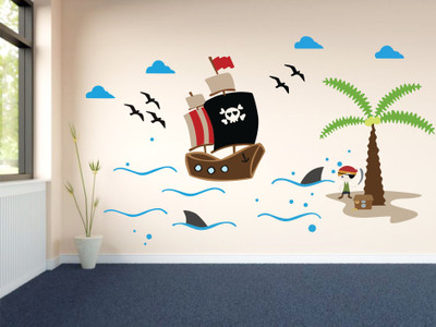 stickermart 90 cm Pirates Ship on Sea under Coco Tree wall sticker Self Adhesive Sticker(Pack of 1)