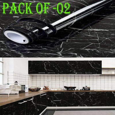 Wellwall 200 cm Black Marble wallpaper sticker for furniture decoration (pack of-02) Model-03 Self Adhesive Sticker(Pack of 2)