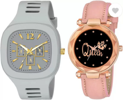 Miss Enterprise Couple New Combo Of Square Dial Grey Silicone Strap & Queen Printed Dial Pink No Analog Watch  - For Couple
