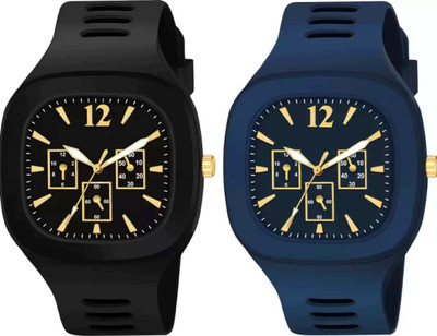 New Combo Of Black and Blue Square Dial with Silicone Strap Combo of 2 Analog Watch - For Men