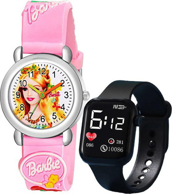 Zyla BR00786N µSmile ¥B001N Beautiful Dial Pink Barbie Color & Black Square LED Heart 0086 PU Analog Watch  - For Women