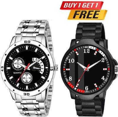 HC HARMI CREATIVE With Gift Trading PU Rubber Belt Watch Combo Pack OF 2 Analog Watch - For Men HC HARMI CRTEATIVE Buy 1 Get 1 free Analogue Black Dial Stainless Steel Chain Analog Watch  - For Men