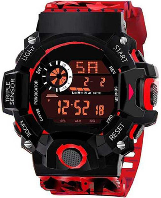 TERIZLA S-Shock_Red Shock Sport Red Army Camouflage Strap MultiWorking 7 Types Of LED Light Digital Watch  - For Boys