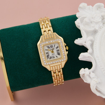 GC PREMIUM JEWELLERY Gold Plated Rectangular Shape Analog Watch With Metal Strap For Girl & Women Gold Analog Watch  - For Women