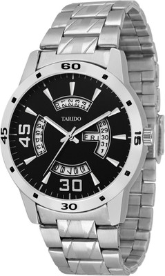 Tarido new generation black dial silver stainless steel chain day & date working Analog Watch  - For Men