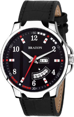 BRATON BT1942SL01 New Generation Black Dial Black Genuine Leather Strap Day & Date Working Wrist Analog Watch  - For Men