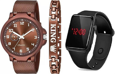 Mahi Trendz PU Belt Watch & King Brecelet Analog & Dgital Watch(Pack of 3) Analog Watch  - For Men & Women