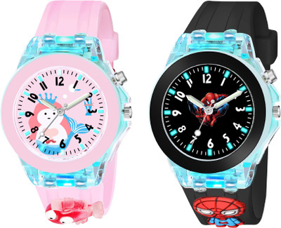 CERO Kids-Fish-Spider Man Multicolor Lights 3D Cute Cartoon Multi Function Rubber Strap Kidd's Boys Analog Watch  - For Boys & Girls