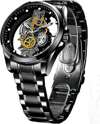 NAYABE Black Round Transparent Cover Quartz Watches Stainless Steel Watch NAYABE Men's Luxury Hollow Skeleton Watch Retro Gorgeous Gear Carving Design Analog Watch  - For Men