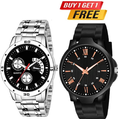 HC HARMI CREATIVE With Gift Trading PU Rubber Belt Watch Combo Pack OF 2 Analog Watch - For Men HC HARMI CRTEATIVE Buy 1 Get 1 free Analogue Black Dial Stainless Steel Chain Analog Watch  - For Men