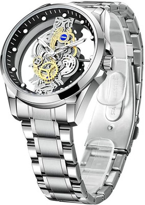 NAYABE Silver Round Transparent Cover Quartz Watches Stainless Steel Watch NAYABE Men's Luxury Hollow Skeleton Watch Retro Gorgeous Gear Carving Design Analog Watch  - For Men