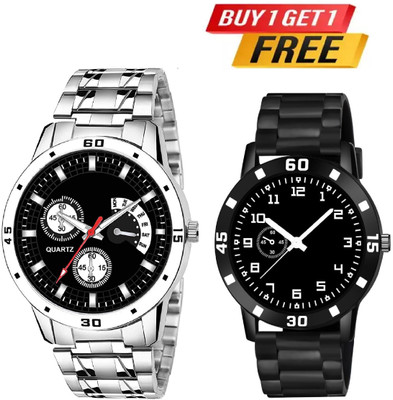 HC HARMI CREATIVE With Gift Trading PU Rubber Belt Watch Combo Pack OF 2 Analog Watch - For Men HC HARMI CRTEATIVE Buy 1 Get 1 free Analogue Black Dial Stainless Steel Chain Analog Watch  - For Men
