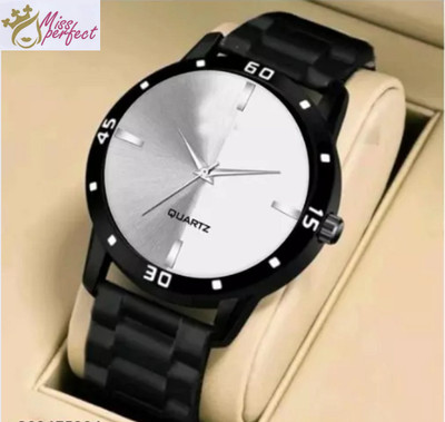 house of common Miss perfect Silver line Dial Bumpper Pu Black Belt Men and Boy Watch Analog Watch  - For Boys
