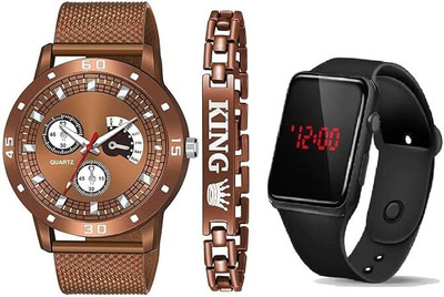 Mahi Trendz PU Belt Watch & King Brecelet Analog & Dgital Watch(Pack of 3) Analog Watch  - For Men & Women