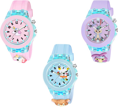 MAAN INTERNATIONAL Unicorn-Mouse-Purple Rebbit Multicolor Lights 3D Cute Cartoon Multi Function Rubber Strap Analog Watch  - For Boys & Girls