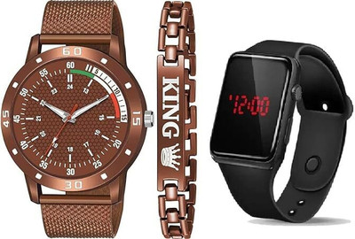 Mahi Trendz PU Belt Watch & King Brecelet Analog & Dgital Watch(Pack of 3) Analog Watch  - For Men & Women