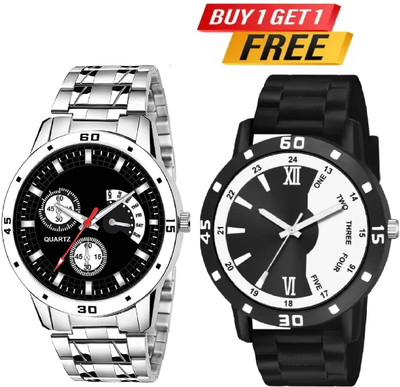 HC HARMI CREATIVE With Gift Trading PU Rubber Belt Watch Combo Pack OF 2 Analog Watch - For Men HC HARMI CRTEATIVE Buy 1 Get 1 free Analogue Black Dial Stainless Steel Chain Analog Watch  - For Men