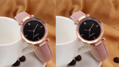 COSMIC Designer Pink Leather Pack 2 Analog Black Dial Analog Watch  - For Women
