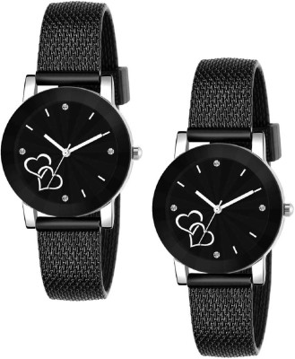 COSMIC Girls And Women Prism Glass All Black Pack 2 Black Hearts Dial Analog Watch  - For Women