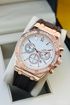 KNOWZ DRW020- BROWN Rose gold Diamond case Date Display Analog Watch for boys Analog Watch - For Men Luxury(Men's-Boy's-Gent's)Silver Red Analog Watch  - For Women