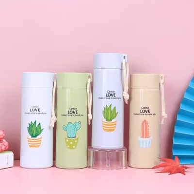 FUN FINDS 1 Pc Random Color Cactus Printed Bottle with Strap – 400ml Stylish Water Jar 400 ml Bottle(Pack of 1, Light Blue, Plastic, Glass)