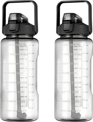 LAZYwindow 2L BPA-Free Motivational Water Bottles – Black, Pack of 2, Handle 2000 ml Sipper(Pack of 2, Black, Plastic)