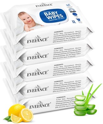 EVELANCE Caring Baby Wet Wipes with lid & Aloe Vera Extract| 72 Pieces|Pack Of 5(360 Wipes)