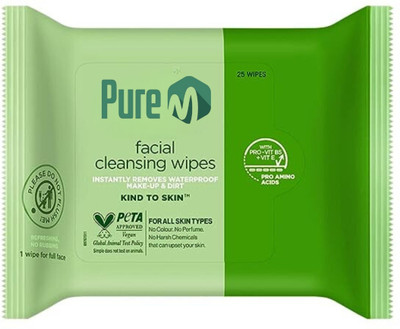 Pure M Daily Face Wipes with Aloe Vera, Vitamin E, Hydrated & Alcohol Free(25 Wipes)