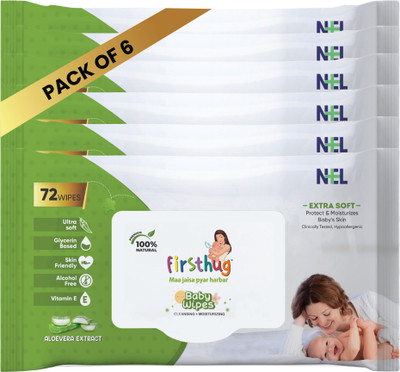 Firsthug Super Soft Cleansing Wet Baby Wipes Without Lid |Aloe Vera Extract| (Pack-6)(432 Wipes)