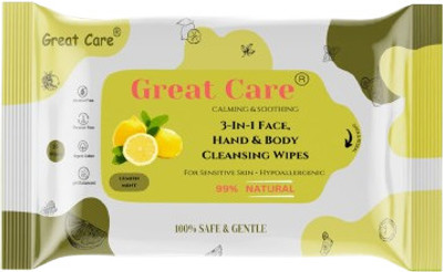 Great Care Baby water wet wipes with 25 Sheet/Pack of 1 with Lemon & Mint(25 Wipes)