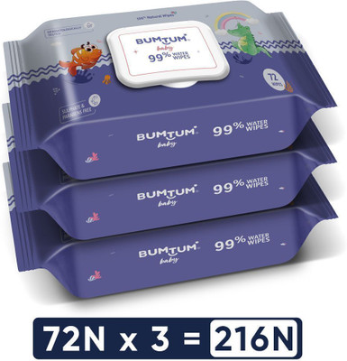 Bumtum Baby 99% Water Wet Wipes with Aloe Vera- Pack of 3(216 Wipes)