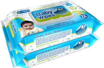 GLIDER Baby Wipes|Moisture Lock Flip-Top|Aloe Vera & Vitamin E|pH balanced ( Pack of 2(144 Wipes)