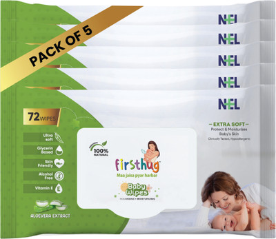 Firsthug Super Soft Cleansing Wet Baby Wipes Without Lid |Aloe Vera Extract| (Pack-5)(360 Wipes)