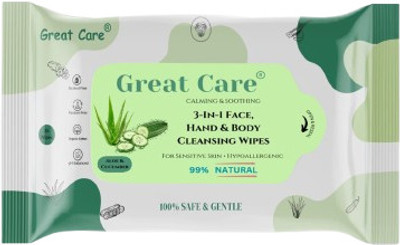 Great care Baby Water wet wipes 25 Sheets/Pack of 1 with Aloe vera & Cucumber(25 Wipes)
