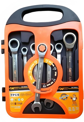 A. SHARIF 7PCS Heavy Duty Dual Head Multi-Functional Ratchet Combination Spanner Wrench 8-19mm Repair Tools Set with Open End Spanner and Carry Case for Cars Bicycles Double Sided Combination Wrench(Pack of 1)