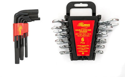 GLOBUS 224-DOUBLE SIDED OPEN ENDED WRENCH / SPANNER SET/8 (6X7-20X22)AND ALLEN KEY SET/9 IN CLIP (1.5MM-10MM) Double Sided Open End Wrench(Pack of 2)