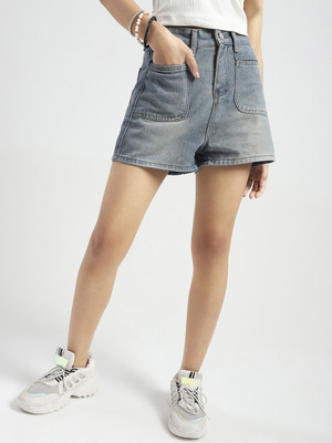Sera Solid Women Grey Denim Shorts