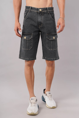 NIVASU Solid, Self Design Men Black Cargo Shorts