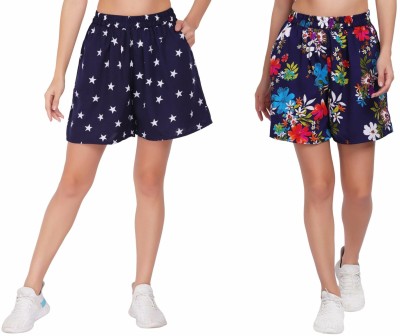 Grace Diva Floral Print, Geometric Print Women Blue, Multicolor Regular Shorts