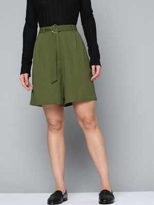 CHEMISTRY Solid Women Dark Green Regular Shorts