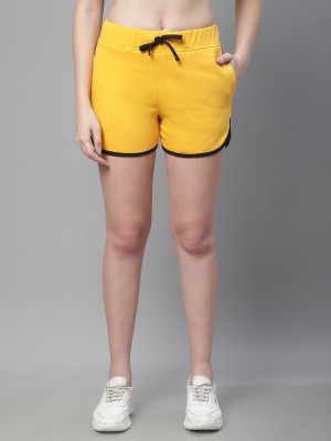 A nd J Solid Women Yellow Casual Shorts