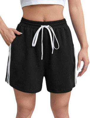MS BOTTOM Solid, Striped Women Black Casual Shorts
