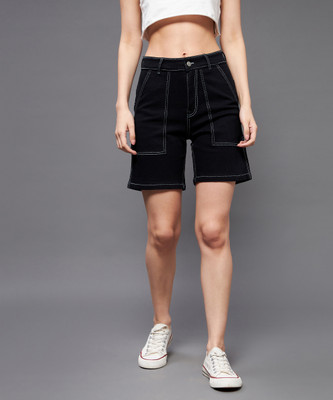 Miss Chase Solid Women Black Denim Shorts