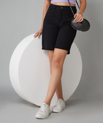 DOLCE CRUDO Solid Women Denim Black Denim Shorts