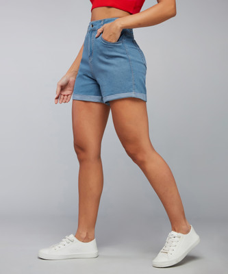 DOLCE CRUDO Solid Women Denim Blue Denim Shorts