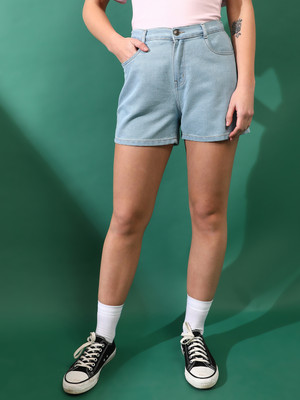 TALES & STORIES Solid Women Blue Denim Shorts