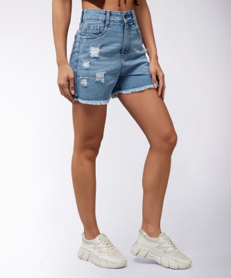 Miss Chase Self Design Women Blue Denim Shorts