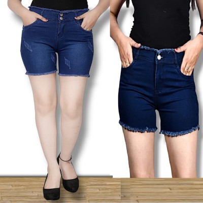 High Waist Solid Women Denim Blue Denim Shorts