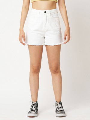 Globus Solid Women White Denim Shorts