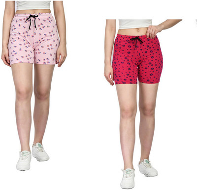 IndiWeaves Printed Women Pink, Red Regular Shorts